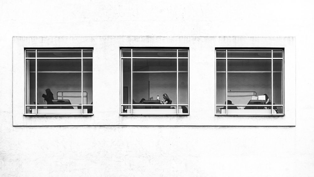 People studying, visible through three rectangular windows on a plain white wall.